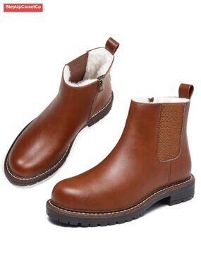 Women's Chelsea Boots Winter Warm Fur Lined Low Heel Side Zipper Ankle Shoes